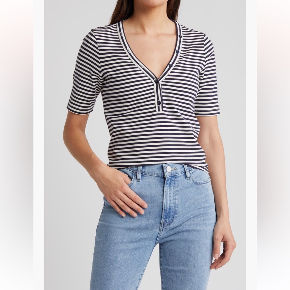 FRAME Asymmetric Button Stripe Stretch Organic Cotton Henley